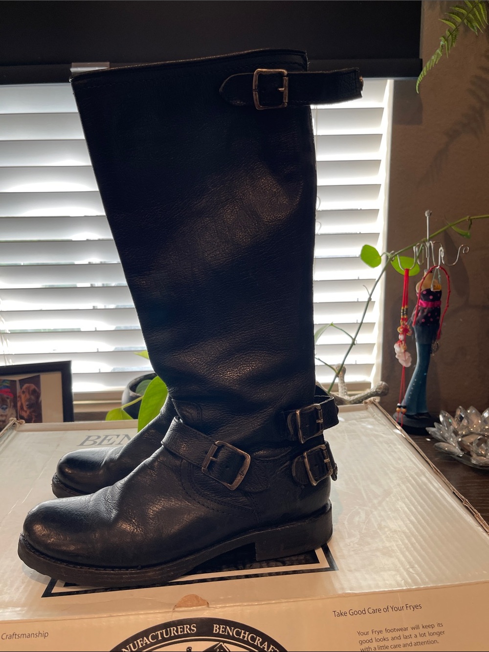 Frye Black Leather Mid-Calf Buckle Combat Boots